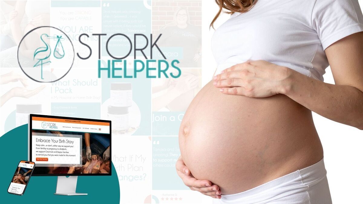 Stork Helpers logo and website on computer and phone with pregnant belly